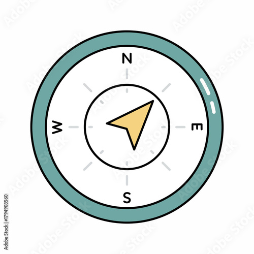 Illustration of a compass with a blue outer ring and a yellow arrow pointing northwest direction