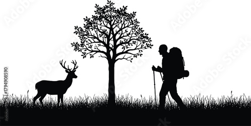 Silhouette of hiker deer and tree in a minimalist black scene