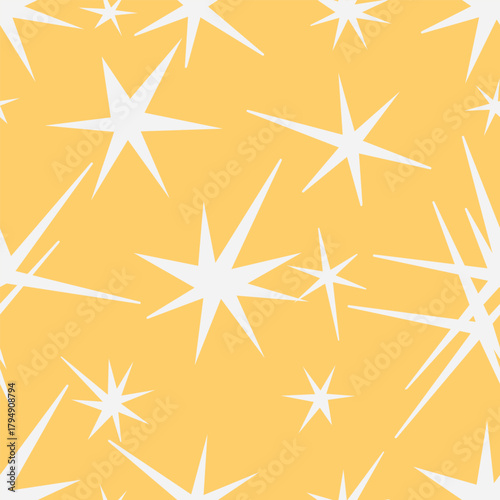 A cheerful vector seamless pattern featuring abstract stars scattered across a vibrant, bright yellow background. This energetic, minimalist design is perfect for children's decor, summer textiles