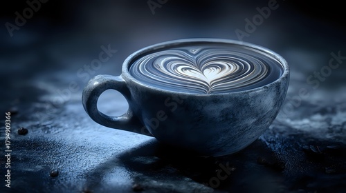 Artful latte with heart-shaped foam design in dark blue tones, creating moody atmosphere for coffee shop marketing or social media content.