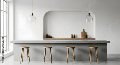Fototapeta Naklejka Na Ścianę i Meble -  Minimalist white kitchen interior with bar counter stools and arched niche wall decor