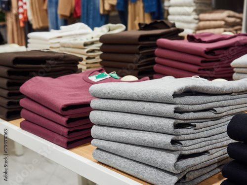 Colorful T-shirts, neatly folded, lie in a stack on the shelves of a clothing store.