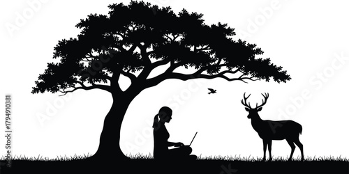 Silhouette of woman working on laptop under a tree with deer