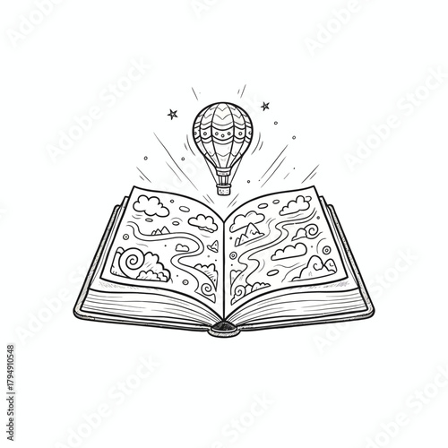 Open book with a drawn landscape and hot air balloon floating above it on a white background image