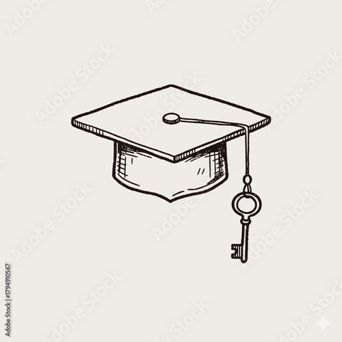 Illustration of a graduation cap with a tassel and a key hanging from it in black and white doodle style