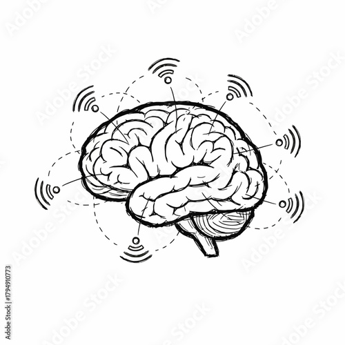 Illustration of a human brain surrounded by wifi signals on a white background in black and white style