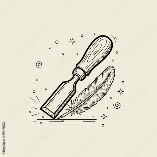 Illustration of a wood chisel with a wooden handle and a feather surrounded by decorative elements art