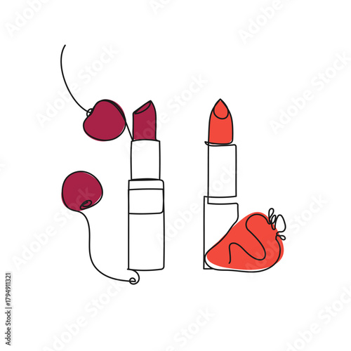 Minimalist line art lipsticks with cherry and strawberry. Vector illustration for beauty, fashion, makeup, cosmetics, skincare, self-care and glamour projects.