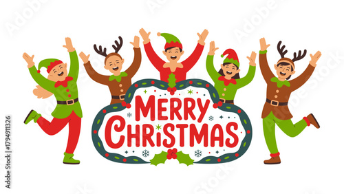 Festive Elves Greeting Christmas: joyful elves exude holiday cheer in a vibrant Christmas-themed image. Expressing season's greetings with joyful exuberance.