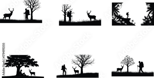 Silhouettes of Hikers and Deer in Various Nature Scenes Vector Art