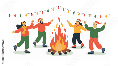 Holiday Circle Dance: Illustrative rendering a group of friends merrily celebrating around a bonfire under strings of festive lights, embodies the warmth and spirit of togetherness.