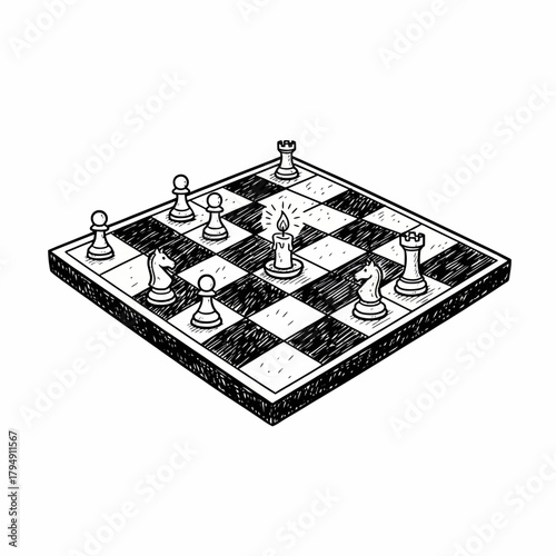 A chess board with pawns knights rooks and a candle in a hand drawn black and white sketch style illustration