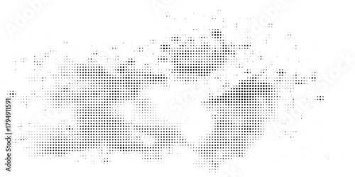 Abstract black and white halftone splatter effect with a pixelated dot pattern on a white background.