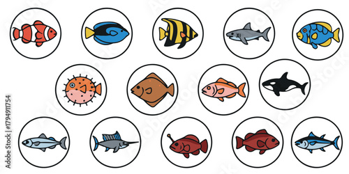 A collection of cartoon illustrations of various fish and marine animals, each inside a circular frame on a white background.