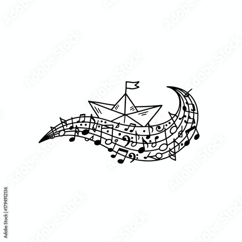 A paper boat sails on a musical wave of notes creating a whimsical and artistic composition