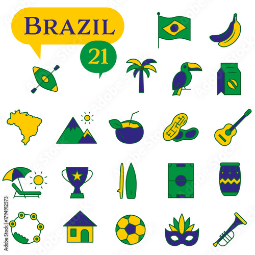 A set of icons in green and yellow tones dedicated to life in Brazil.