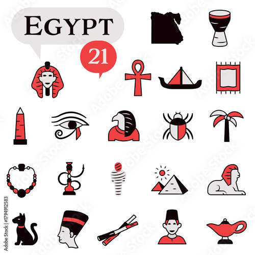 A set of icons in red and black colors dedicated to life in Egypt.