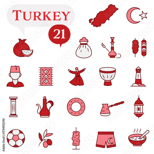 A set of icons in a red and white palette dedicated to life in Turkey.