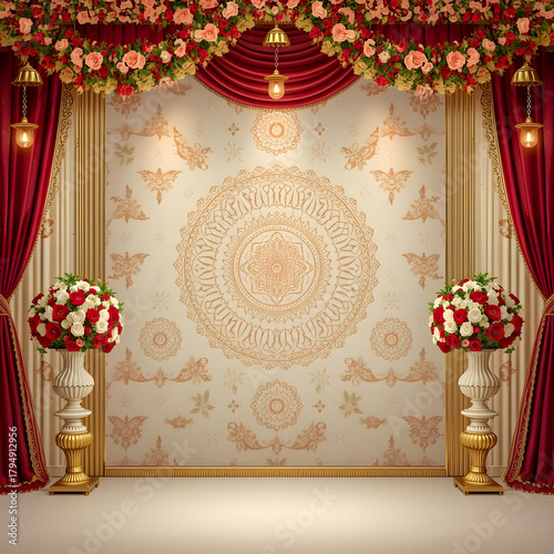 Luxury Indian Wedding Background with Golden Mandala and Floral Deco