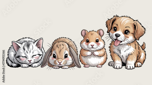 Adorable watercolor illustration of a cat rabbit hamster and puppy