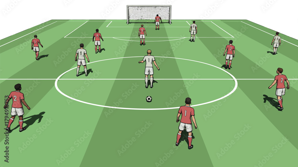 Fototapeta premium Soccer players practicing drills on a green field with a goal