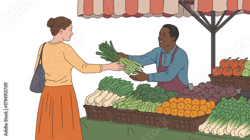 Woman buys fresh produce from a vendor at an outdoor market stall