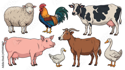 Collection of farm animals including sheep pig rooster cow goat and ducks