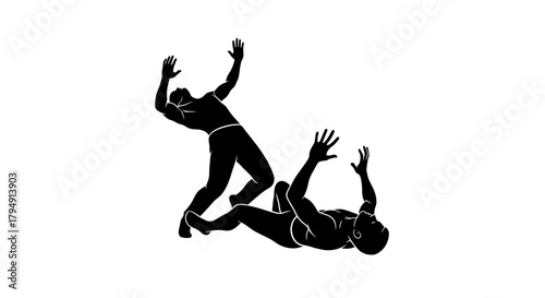 Two silhouettes engaged in a dynamic struggle or fight.