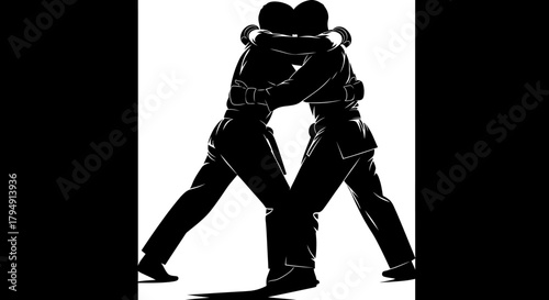 Two silhouettes of judo fighters grappling in a martial arts match.