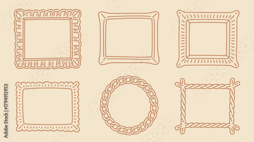 Collection of six hand drawn decorative empty picture frames in various styles