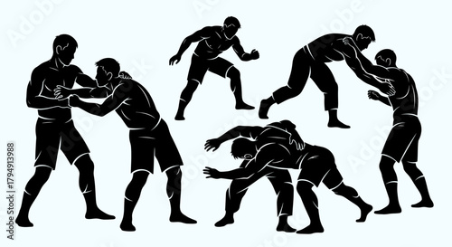 Dynamic Silhouettes of Wrestlers in Various Grappling Poses.