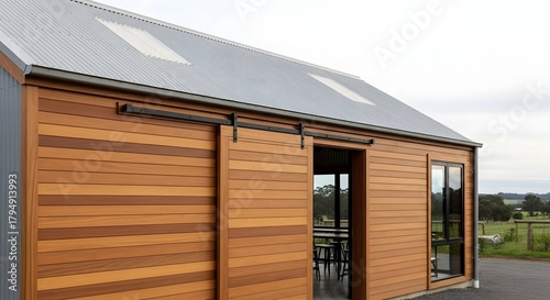 Rustic modern building exterior with wood cladding and a large sliding barn door