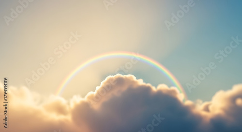 Breathtaking Rainbow Arching Across Soft, Fluffy Clouds at Sunrise