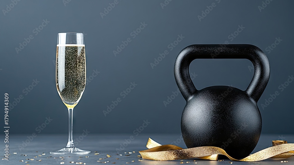 Fototapeta premium A black kettlebell sits on a matte surface with golden ribbons and confetti scattered around. A champagne glass lies next to it, embodying the festive spirit of New Year's Eve