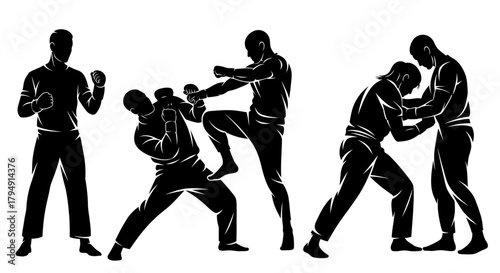 Dynamic Silhouettes of Martial Arts Fighters in Various Combat Poses.