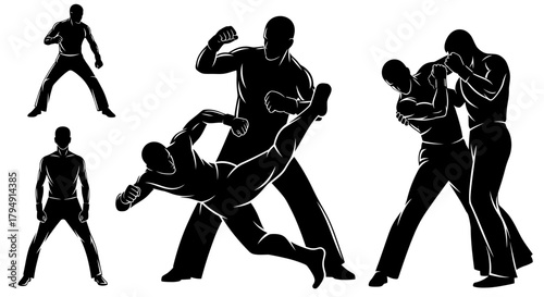 Dynamic Silhouettes of Men Engaged in Martial Arts and Combat.