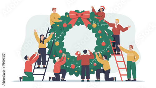 Festive Team Decorating: A collaborative group of individuals gathers to adorn a Christmas wreath with joyful ornaments, epitomizing the festive spirit of unity and shared celebration.
