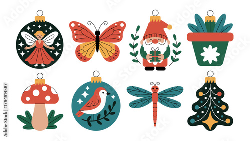 Festive Ornament Array: A collection of exquisitely designed ornaments, each bearing a unique festive illustration. Evoking holiday cheer and decorative beauty.