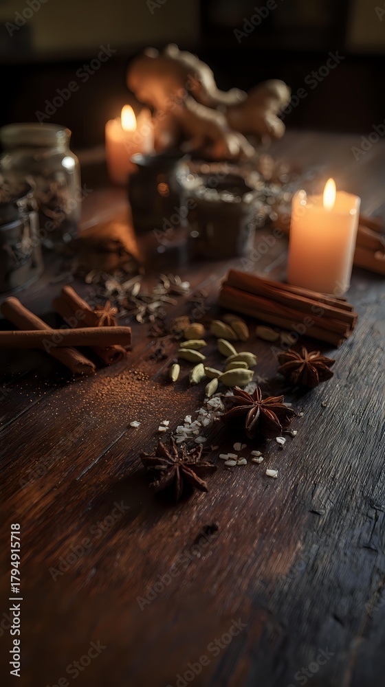 Obraz premium Aromatic spices and herbs with cinnamon sticks, star anise, and cardamom pods on rustic wooden table with glowing candles creating cozy atmosphere.
