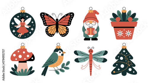 Whimsical Ornaments of Nature: A delightful collection of festive ornaments showcases a whimsical array of nature-inspired designs, including butterflies, fairies, mushrooms, and seasonal elements.