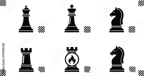 Elegant black chess pieces with queen, king, knight, rook and fire-themed rook icons, strategic board game design illustration for stock use