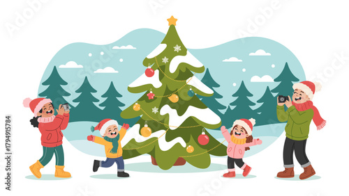 Joyful Winter Wonderland Gathering: Family's festive moment by the adorned Christmas tree amidst a snowy landscape. Evoking the spirit of Christmas, the warmth of family bonds, and the joy of winter.