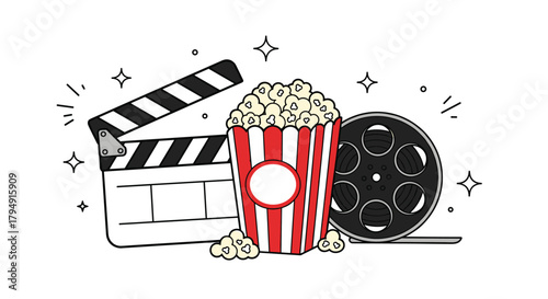 Creative movie night illustration featuring popcorn bucket, film reel, clapperboard and sparkles, perfect for cinema, entertainment, media design and digital artwork projects