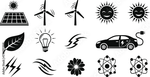 Renewable energy icon set featuring solar panels, wind turbines, electric car, eco leaf and sustainability symbols for clean energy projects and designs