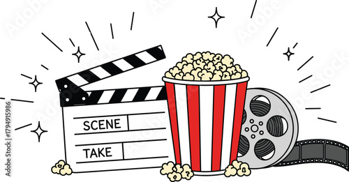 Colorful movie night illustration featuring popcorn bucket, film reel, clapperboard and sparkles, perfect for cinema, entertainment, media and digital design projects