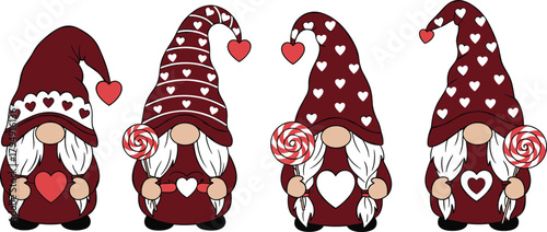 Cute Valentine gnomes holding hearts and lollipops in red outfits, adorable holiday characters perfect for love-themed designs, prints, and decor
