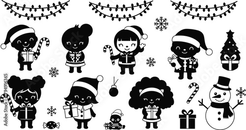 Cute Christmas kids with gifts, candy canes, snowflakes, ornaments, festive lights, Christmas tree and snowman holiday celebration illustration
