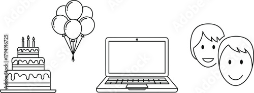 Birthday celebration icons featuring cake, balloons, people faces and laptop for online party, virtual event, digital celebration and festive design