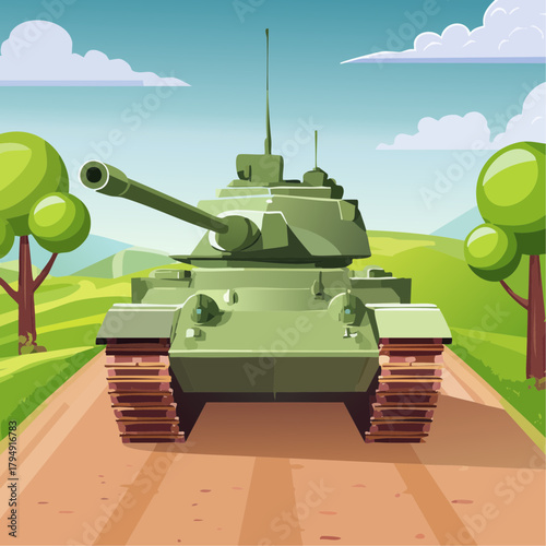 Military tank on a muddy road