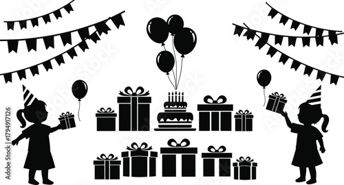 Silhouette children holding gifts with birthday cake balloons bunting and presents perfect for party decorations invitations celebration designs and festive event artwork